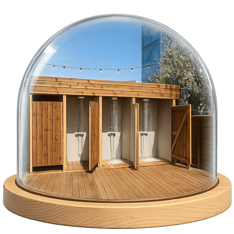 Illustrated shower room with steam and hanging towels.